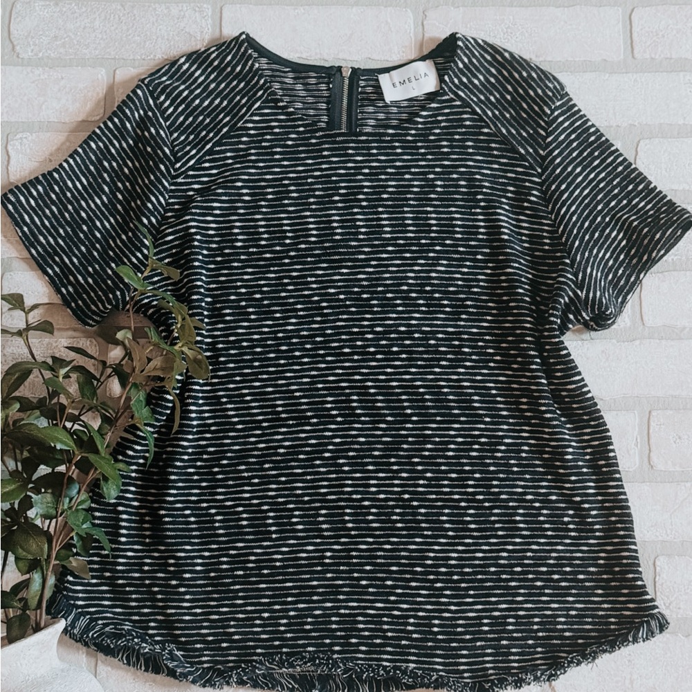 Emelia Anthropologie Navy Sweater Knit Top | Fringe Hem Scoop Neck | Size L